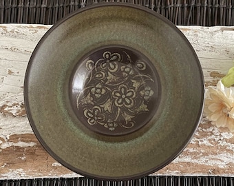 4 Franciscan Madeira Coffee, Tea Saucers, Dark Brown, Olive, Avocado Green Flowers, California Pottery Small Plates, Saucers, Set of 4