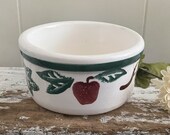 Vintage Santa Ana Crock Low, Shallow White Butter Crock, Bowl, Red Apples, Green Leaves Stencil, Sponge Artwork, Primitive Small Bowl, USA
