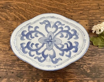 Vintage Chinese Lotus Shaped Small Platter, Tray, Thick Solid Porcelain Pottery, Transfer Ware, Hand Painted Details, Blue, White, China