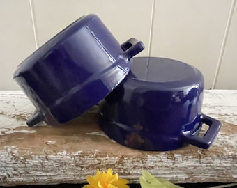 SET Of 2 Cast Iron Mini Cocotte Round Baking Dishes, Handles, Cobalt Blue, Matte Black Inside, Durable Small Oven Casserole, Serving Bowls