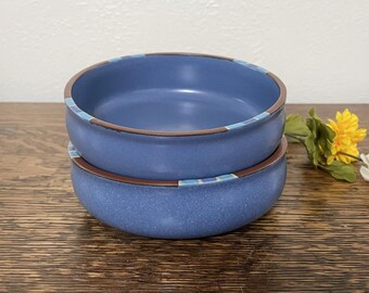 SET Of 2 Dansk Mesa Blue Cereal Soup Bowls, Rust, Turquoise Bands, Southwestern Small Shallow Stoneware Pottery Bowls, KW Portugal, 2