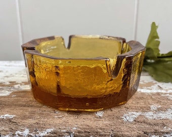 Vintage Amber Glass Ashtray, Thick Pebbled, Rippled Molded Solid Glass, Mid Century Small Cigarette Dish, Rich Yellow, Clear Gold Color