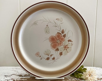 Vintage Hearthside Watercolors Blush Tan, Pink, Brown Stoneware Dinner Plate, White, Flowers, Leaves, 1970s Hand Decorated Plate, Japan