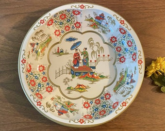 Vintage Daher Decorated Ware Tray, Collectible Metal Biscuit Dish, England, Asian Garden Artwork, Colorful Patterns, Pagoda Scene, 1971