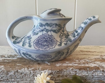 Small Chinese Pink Lotus Teapot, Flowers, Vines, White, Blue, Pink, Green, Porcelain Streamlined Teapot, Made In China