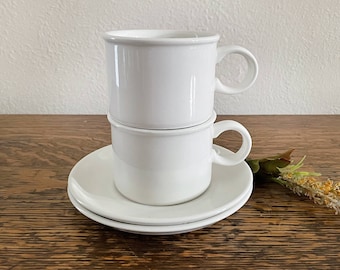 SET Of 2 Stonehenge Midwinter White Cups & Saucers, Wedgwood White English Stoneware Coffee, Tea Cup Sets, Underplates, England, 2