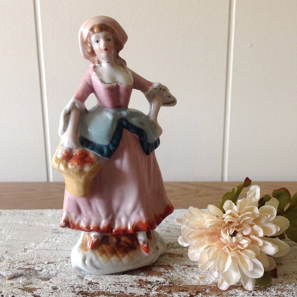 Porcelain Figurine Of Woman, Occupied Japan, Vintage China Girl Statuette, Maiden With Basket, Flowers, Pink Dress