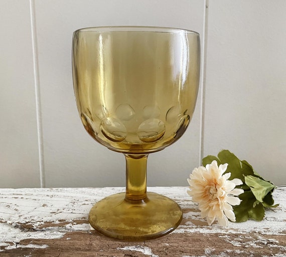 Vintage Large Amber Thumbprint Goblet, Water, Wine Glass, Harvest Gold  Footed, Pedestal Pressed Molded Glass Drinking Cup 