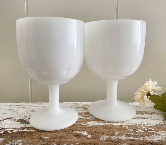 SET of 2 Large Milk Glass Goblets, Pedestal Glasses, Translucent White  Pressed, Molded Glass Footed Water, Drinking Glasses, USA, 2 