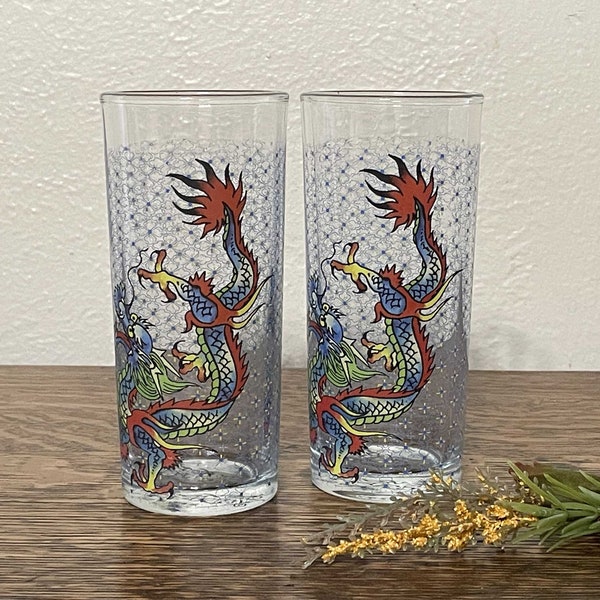 SET Of 2 Vintage Don Ed Hardy Designs Tall Highball Glasses, 14 Oz, Thick Clear Glass, Dragon Art, Colorful Tattoo Barware, Drink Ware (2)