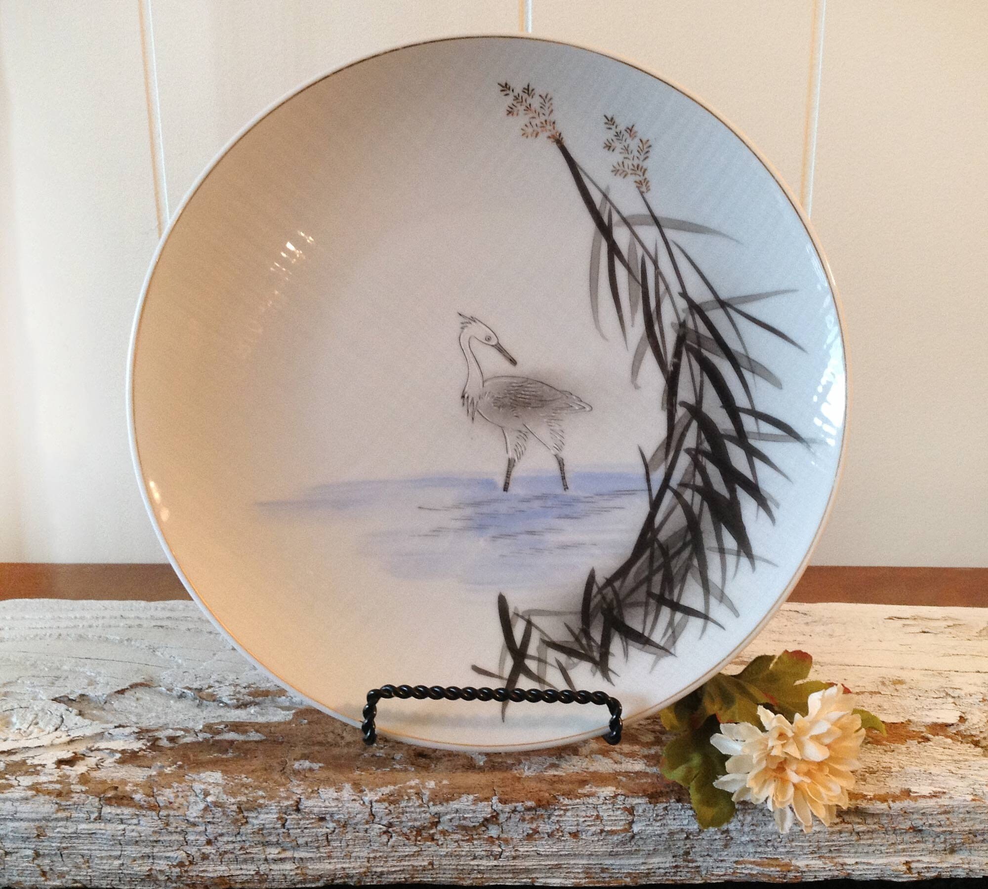 Large Japanese Hand Painted Plate, Crane, Heron, Water Bird