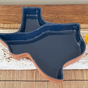 Vintage Frankoma Texas Shaped Large Chip & Dip Dish, Dark Blue, Party Snack Shallow Pottery Bowl, Lone Star State, 12"