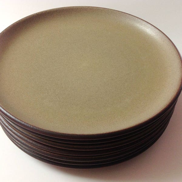 Vintage Edith Heath Dinner Plates, Set Of 7, Heath Ceramics California Pottery Sand, Brown, Large Plates, 7
