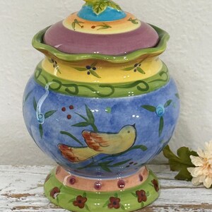 Vintage Sue Zipkin Certified International Medium Covered Canister, Butterfly, Sealing Lid, Hand Painted Colorful Storage Jar, 8" Tall