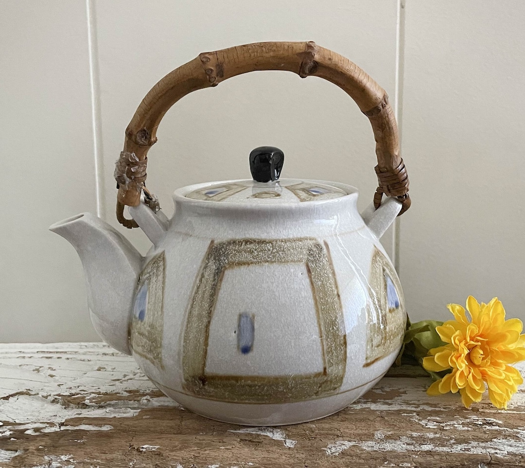 Vintage Japanese Stoneware Small Teapot, Bamboo Handle, Tea Leaf