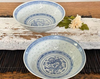 SET Of 2 Chinese Rice Grain Dragon & Pearl Cereal, Soup Bowls, 7" Blue, White Porcelain China Bowl (2)