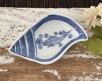 Vintage Pier 1 Small Dipping Dish, Fish, Bubbles, Blue, White, Trinket, Ring, Soap Dish, Little Condiment, Sauce Bowl, Thick Porcelain China