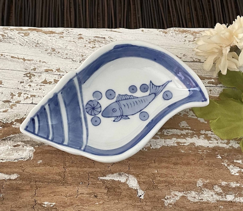 Vintage Pier 1 Small Dipping Dish, Fish, Bubbles, Blue, White, Trinket, Ring, Soap Dish, Little Condiment, Sauce Bowl, Thick Porcelain China image 1