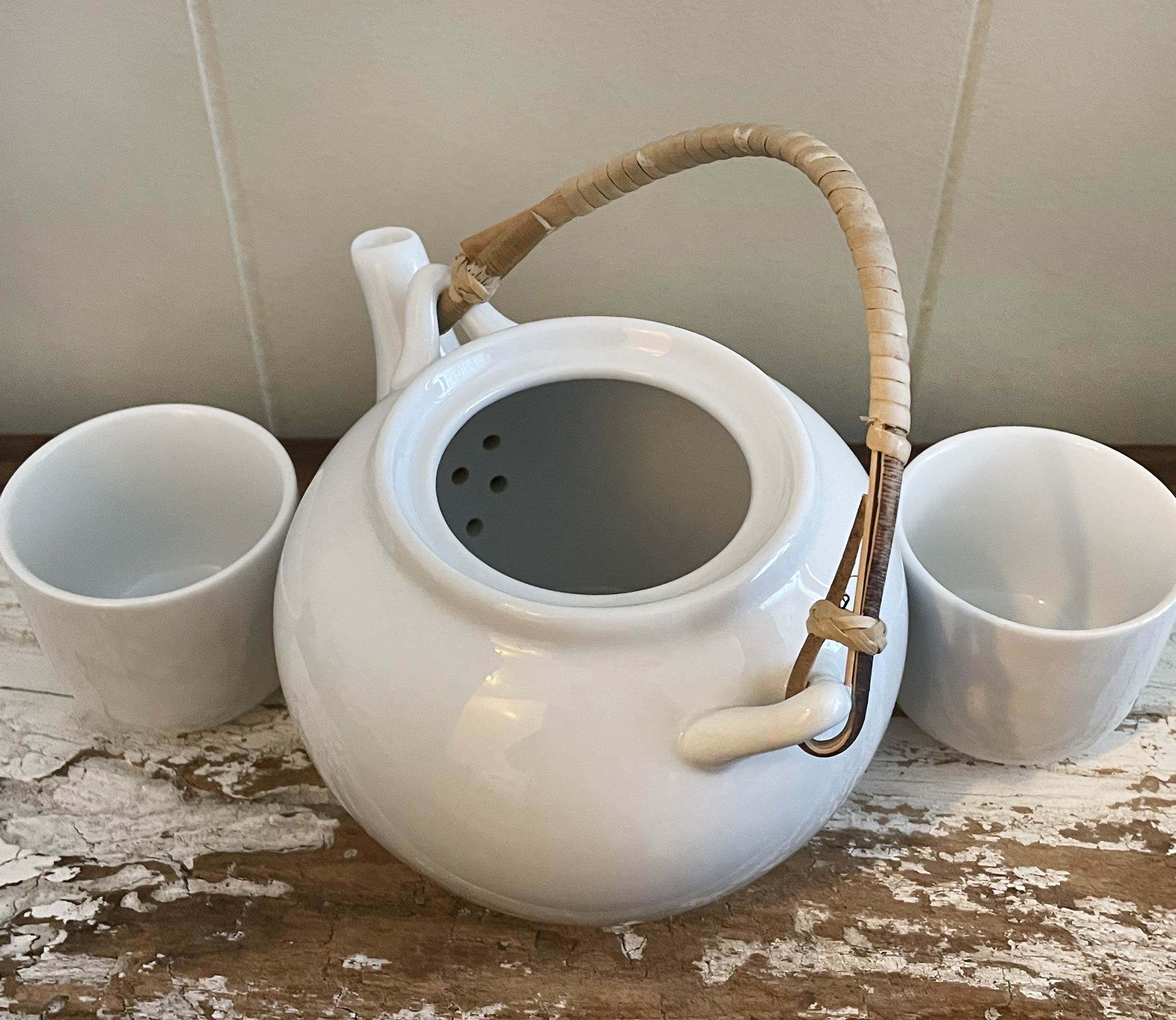 Vintage Pier 1 Teapot, 4 Teacups Set, White Porcelain Tea