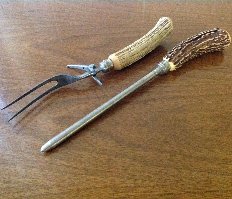Vintage Large Faux Antler Handled Steak Fork, Knife Sharpener Set, Mid Century Cooking, Dining, Serving, BBQ Utensils, Chrome USA image 1