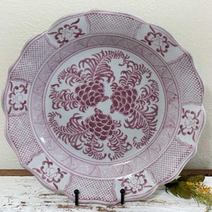 Vintage Chinese Pottery Large Plate, Hand Painted Basket, Waves, Pine Cones Panel Art, Dark Pink, Ruffled Edge, Thick Solid China, 12"