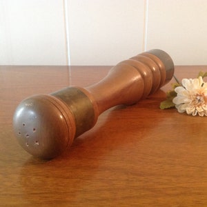 Tall Carved Wooden Salt Shaker, Screw On Top, Metal Bands, Mid Century Carved, Turned Wood Dining Table Decor Salt Shaker