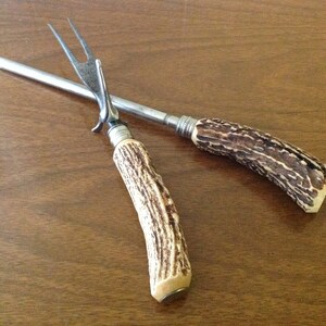 Vintage Large Faux Antler Handled Steak Fork, Knife Sharpener Set, Mid Century Cooking, Dining, Serving, BBQ Utensils, Chrome USA image 2
