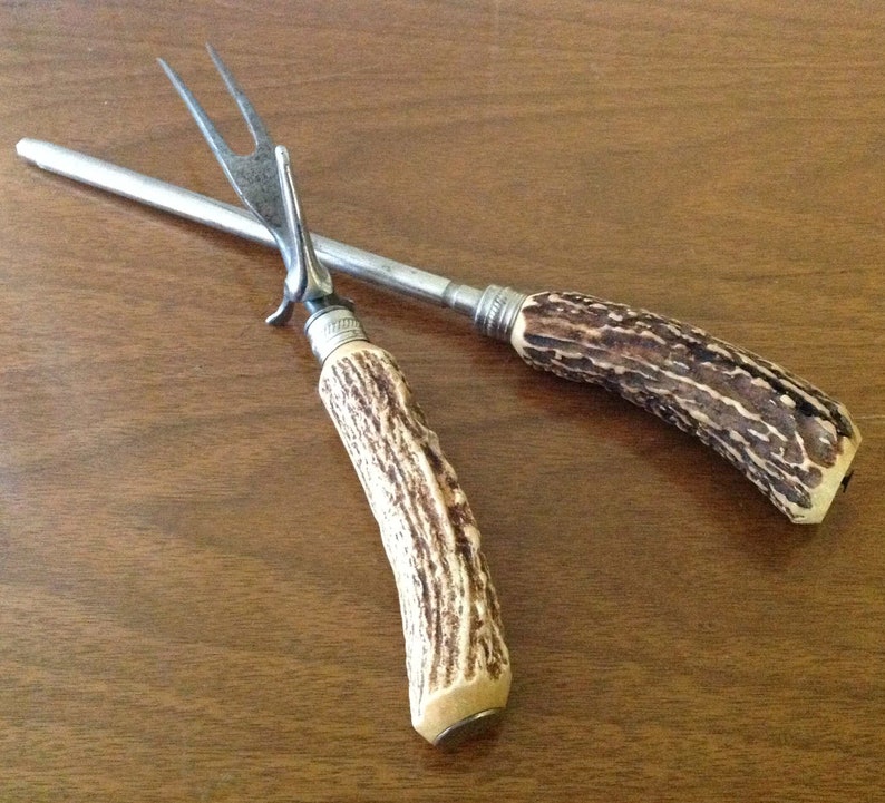 Vintage Large Faux Antler Handled Steak Fork, Knife Sharpener Set, Mid Century Cooking, Dining, Serving, BBQ Utensils, Chrome USA image 2