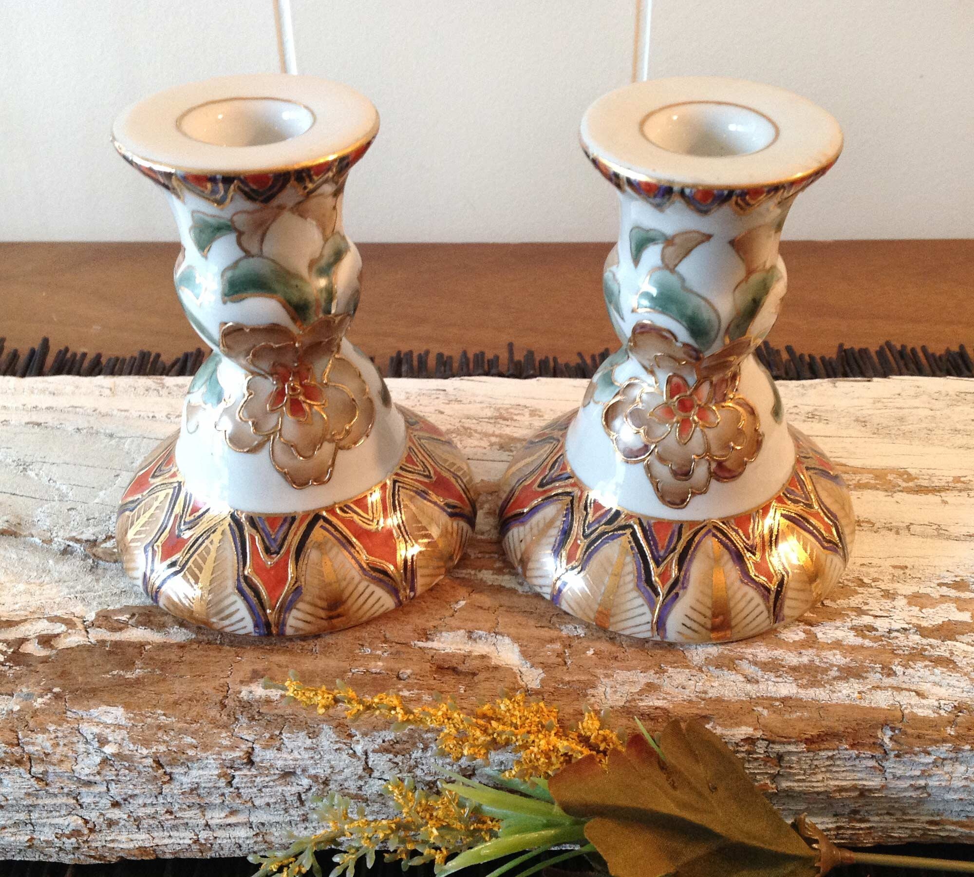 Vintage Chinese Porcelain Candlestick Holders Hand Painted Etsy UK