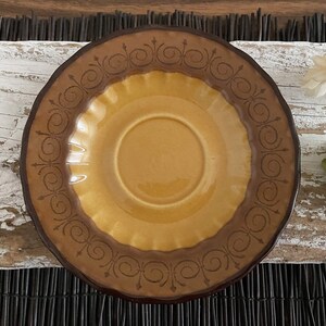 Vernon Ware San Fernando Gold Saucer, Underplate, Metlox California Pottery USA, Rich Yellow, Brown Bands, Ribbed Ruffled  Coffee Tea Plate