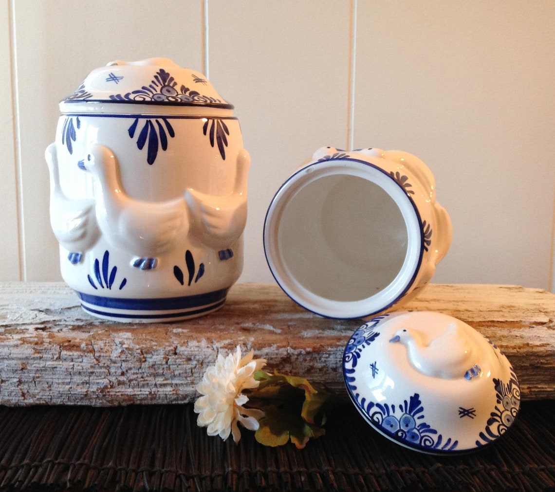 Delft Blue & White Ducks Storage Jars Set Of 2 Hand Painted Etsy