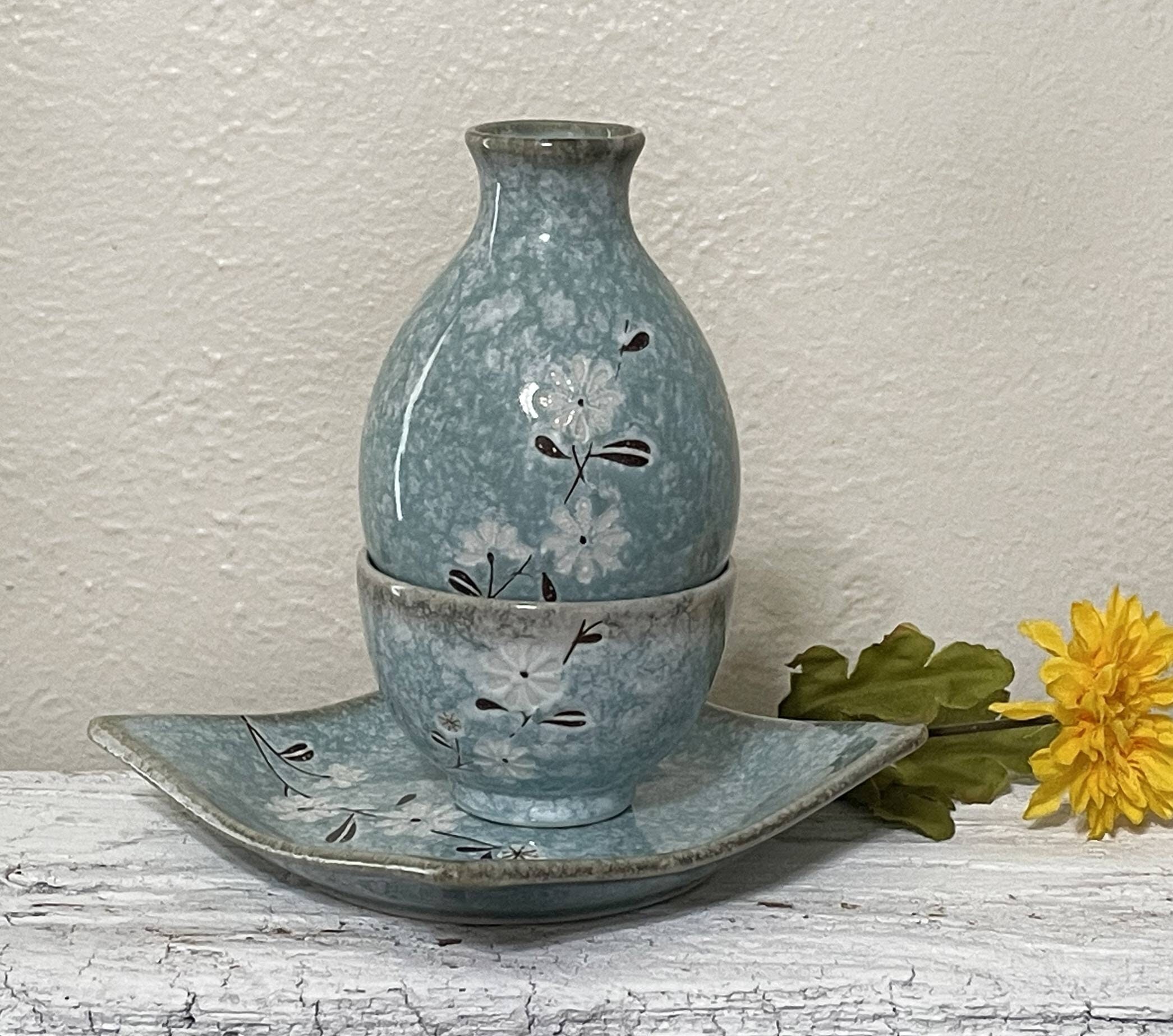 Vintage Ichihara Sake Set, Pale Turquoise Blue Sponge Glaze
