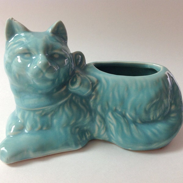 Vintage Ceramic Cat Planter, Turquoise, USA Pottery Ceramic Planter