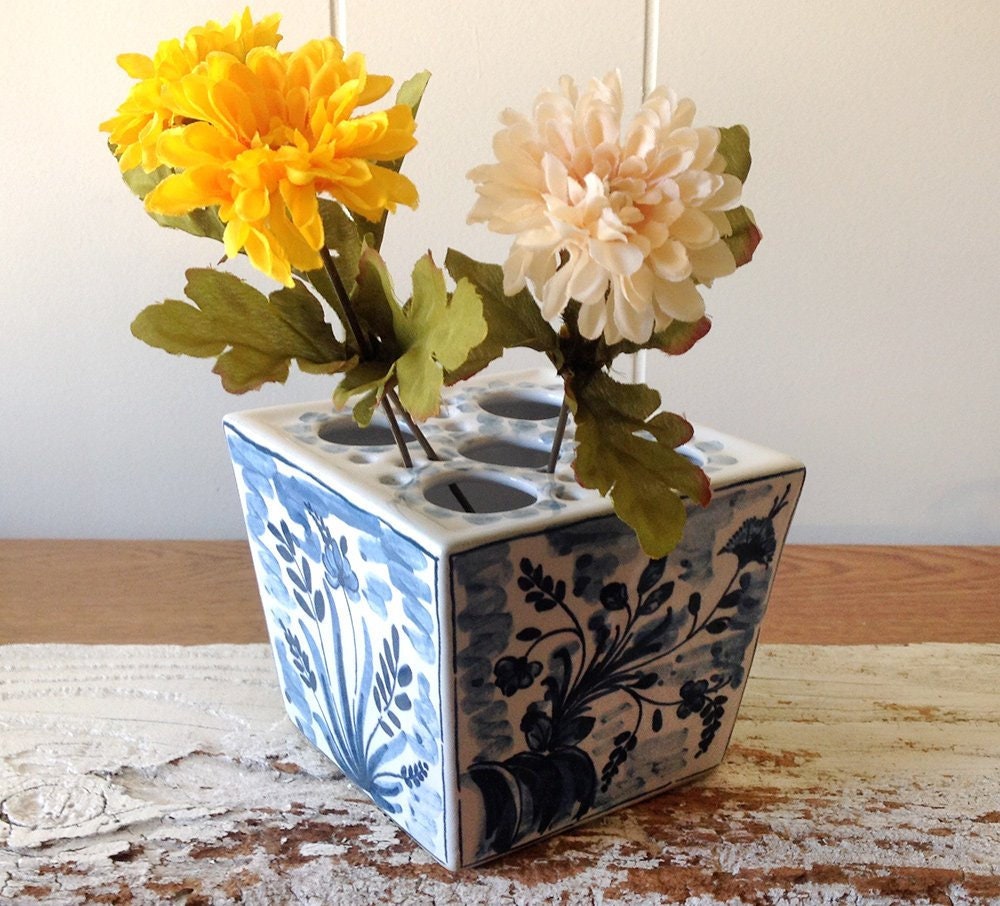 Vintage Pottery Flower Arranger Vase, Portugese, Hand Painted Blue