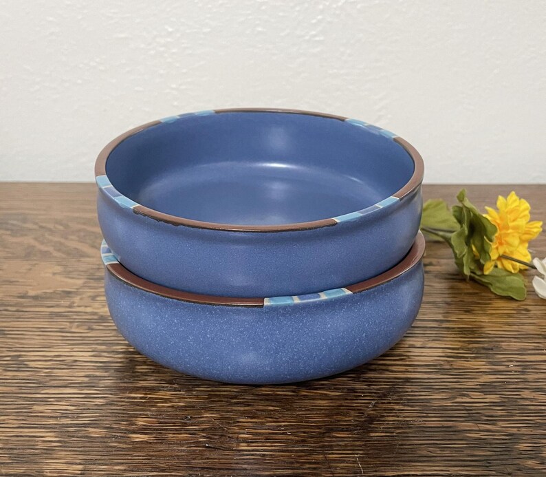 SET Of 2 Dansk Mesa Blue Cereal Soup Bowls, Rust, Turquoise Bands, Southwestern Small Shallow Stoneware Pottery Bowls, KW Portugal, 2 image 1