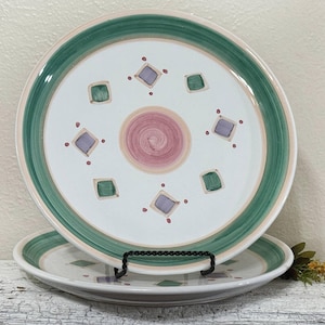 SET Of 2 Vintage Caleca Italy Belvidere Dinner Plates, Hand Painted Pink, Green, Italian Terra Cotta Pottery Large Plate, Diamonds, Bands, 2