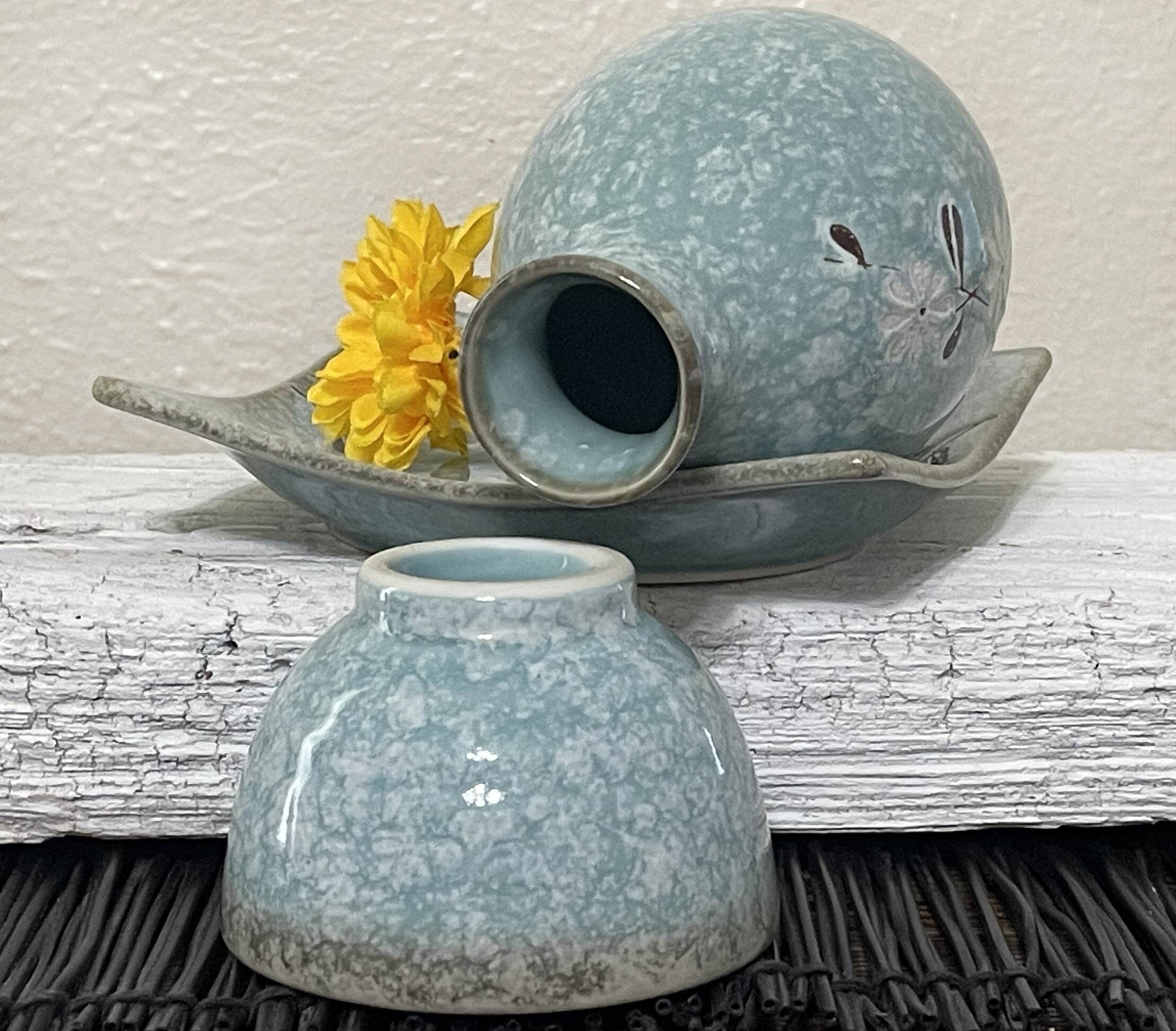 Vintage Ichihara Sake Set, Pale Turquoise Blue Sponge Glaze