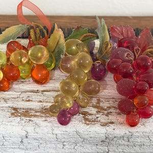 SET Of 3 Small Vintage Clear Lucite, Solid Plastic Grapes Bunches, Orange, Yellow, Purple Light Catching Hanging Fruit Ornaments, Decor (3)