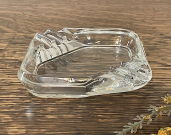 Vintage Clear Glass Ashtray, Cut Corners, Thick Solid Stylish Molded Cigarette, Tobacciana Nightclub, Bar Cigarette Dish, 6 Berths
