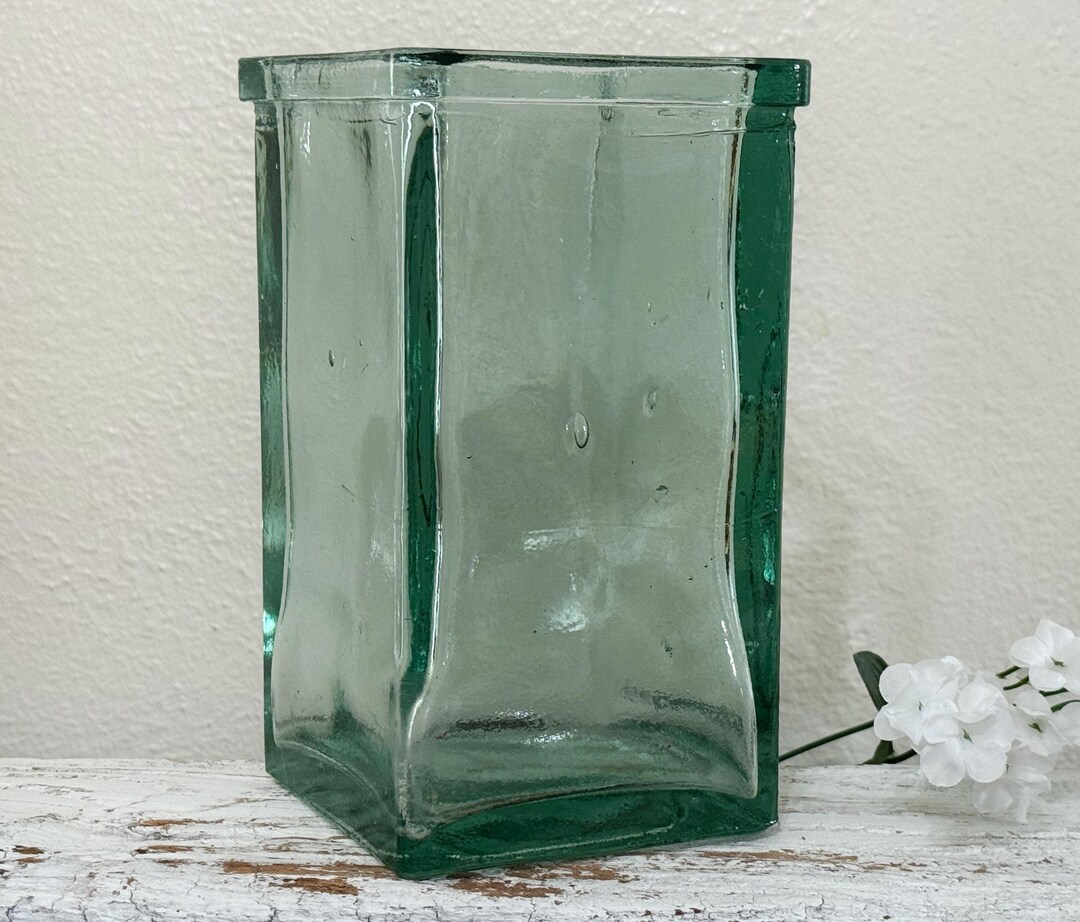Picture of Vintage Recycled Glass Large Square Vase, Open Jar, Thick Solid Rippled ...
