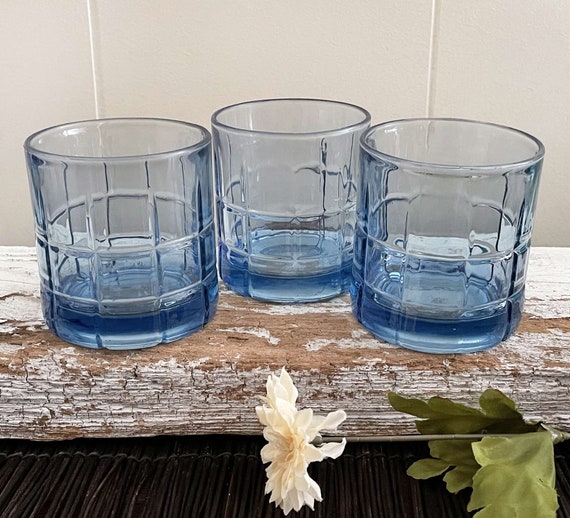 3 Anchor Hocking Tartan Blueberry Short Glasses, Rocks, Clear