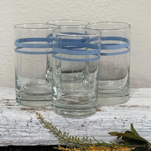 SET Of 4 Vintage Juice Glasses, Small Tumblers, Clear, Blue Stripes, 1980s, Thick Base, Little Glass, Child's Cup, Libbey (4)