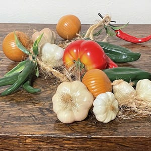 Vintage Artificial Vegetables Braid, Garland, Plastic, Jute, Twine, Rustic Wall Hanging Kitchen, Restaurant Decor, Tomatoes, Onions, Peppers