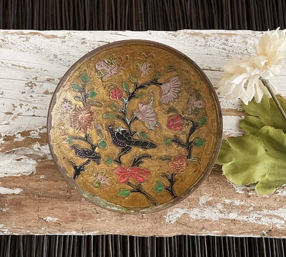 Small Brass Trinket Dish, Pedestal Base, Enamel Paint, Birds, Butterflies, Hand Painted Little Decorative Ring, Mini Coin Dish, India