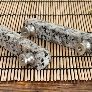 SET/2 Speckled Granite Drawer Pulls, Bars, Base Hardware, Gray/Black/Pink Flecks, Polished Natural Stone Knobs, 4" Wide (2)