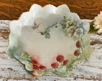 Antique Moritz Zdekauer Austria Small Ruffle Edge Berry Bowl, Delicate Colors, Gold Trim, Embossed Border, Backstamp