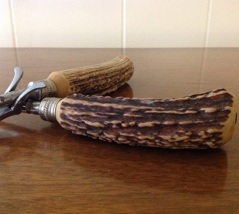 Vintage Large Faux Antler Handled Steak Fork, Knife Sharpener Set, Mid Century Cooking, Dining, Serving, BBQ Utensils, Chrome USA image 5