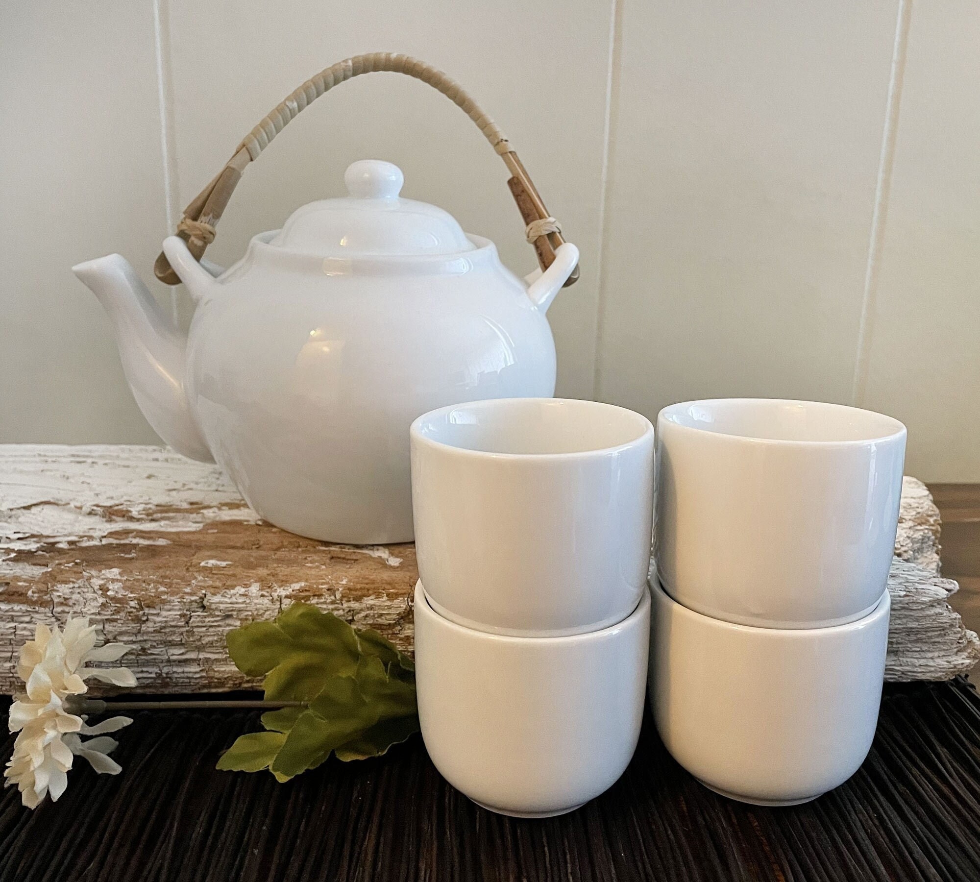 Vintage Pier 1 Teapot, 4 Teacups Set, White Porcelain Tea
