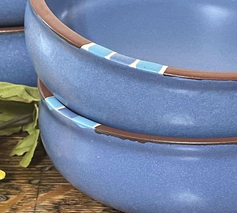 SET Of 2 Dansk Mesa Blue Cereal Soup Bowls, Rust, Turquoise Bands, Southwestern Small Shallow Stoneware Pottery Bowls, KW Portugal, 2 image 8