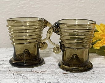 SET Of 2 Mid Century Rare Blown Glass Shot Glasses, Coils, Curled Handles, Handmade Art Glass Taupe, Tawny 1960s Barware, Small Shots (2)